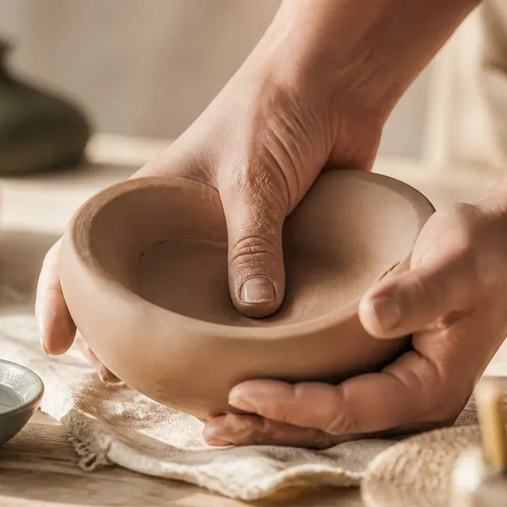 Mains creusant un bol dans une boule d'argile fraîche